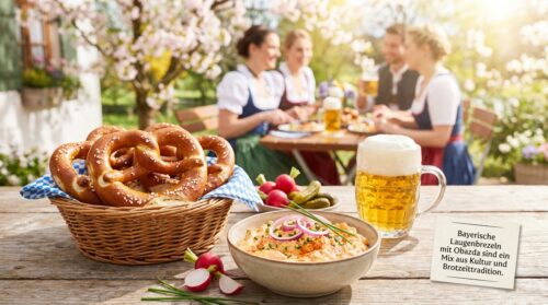 Bayerische Laugenbrezeln mit Obazda sind ein Mix aus Kultur und Brotzeittradition
