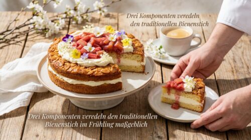 Drei Komponenten veredeln den traditionellen Bienenstich im Frühling maßgeblich