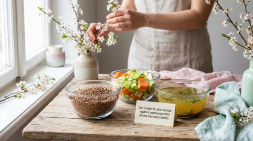 Drei Zutaten für eine samtige vegane Linsensuppe voller Aroma