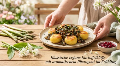 Klassische vegane Kartoffelklöße mit aromatischem Pilzragout im Frühling