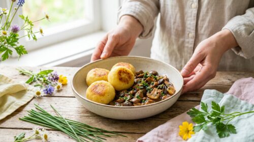 Klassische vegane Kartoffelklöße mit aromatischem Pilzragout zur Frühlingszeit