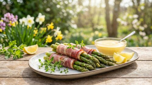 Knackige Spargelrollen eingehüllt in würzigen Schinken im Frühling