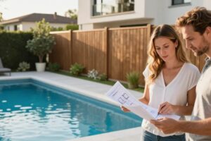 Pool im Garten mit Planungsskizze und Grenzabstand